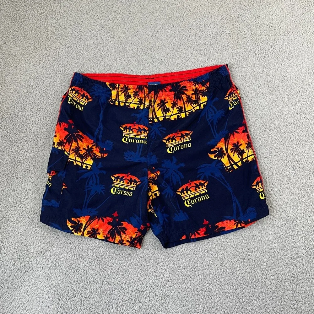 Corona Extra Beer Swim Trunks Men M Navy Palm Trees Beach Tropical Surf